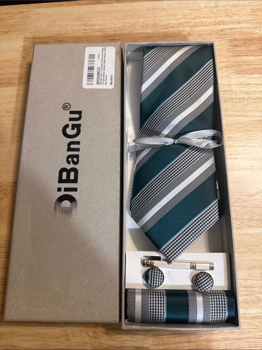 Diba Teal and Silver Striped Tie Set with Pocket Square & Cufflinks